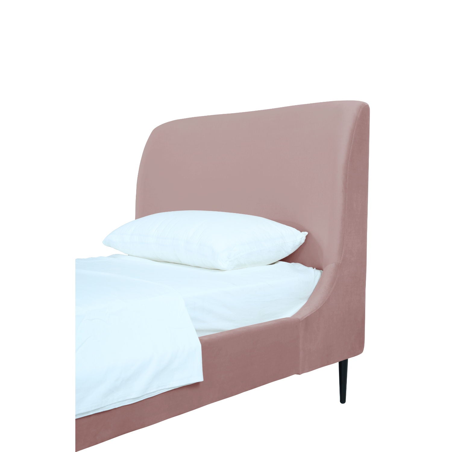 Heather upholstered bed with curved headboard in pink velvet and black tapered legs on Tampa Home & Garden Store