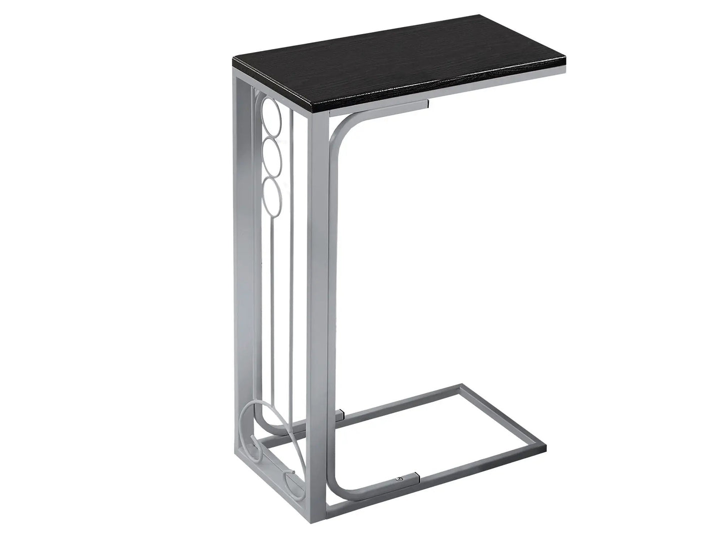 Elegant C-shaped accent table with black wood top and gray metal frame with circular rings on Tampa Home & Garden Store