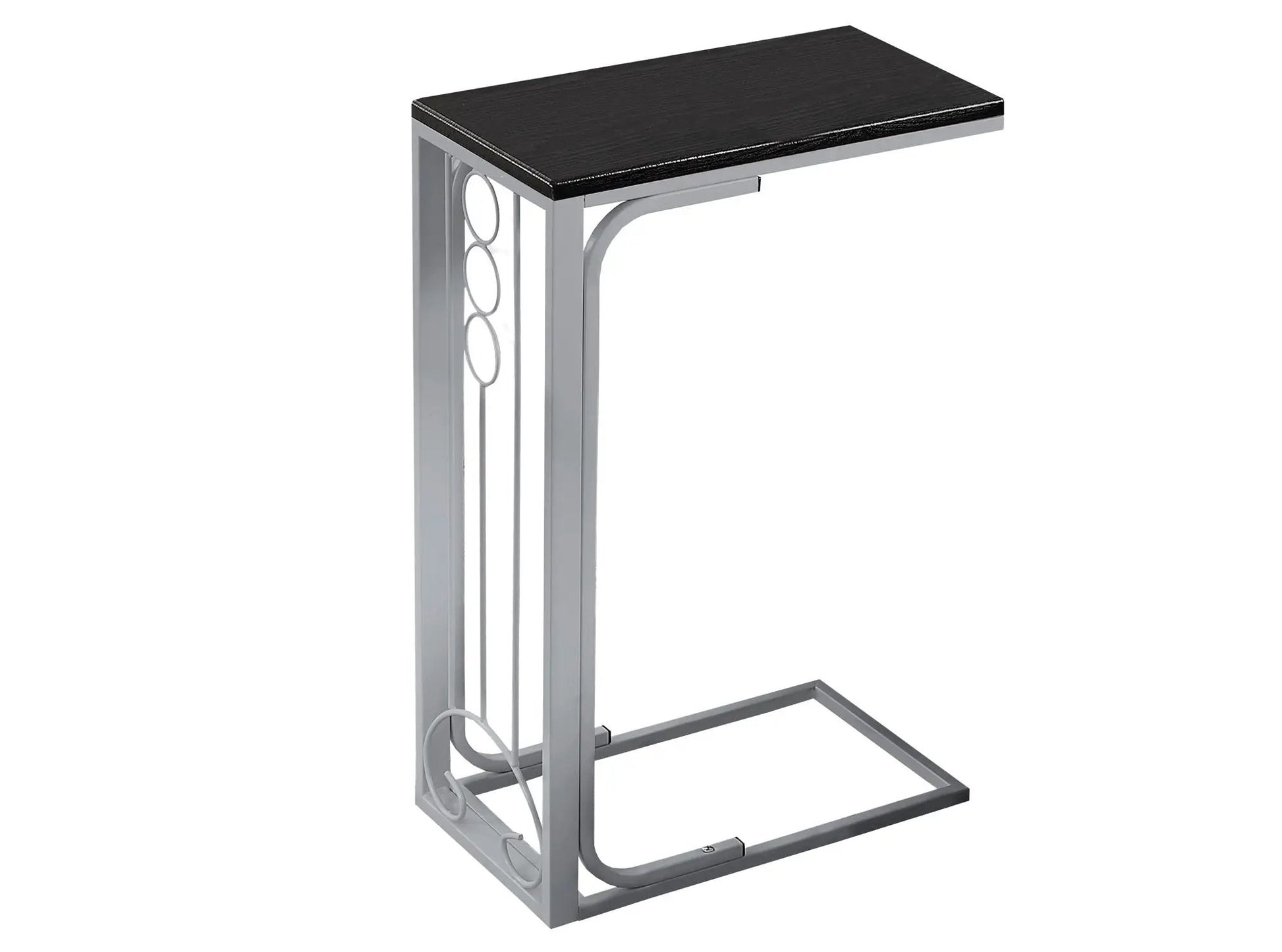 Elegant C-shaped accent table with black wood top and gray metal frame with circular rings on Tampa Home & Garden Store