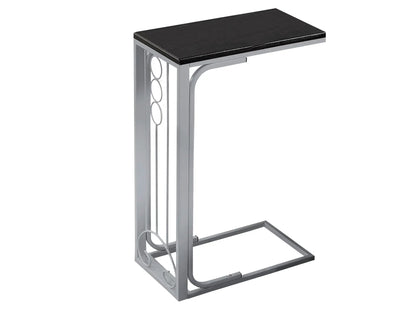 Elegant C-shaped accent table with black wood top and gray metal frame with circular rings on Tampa Home & Garden Store