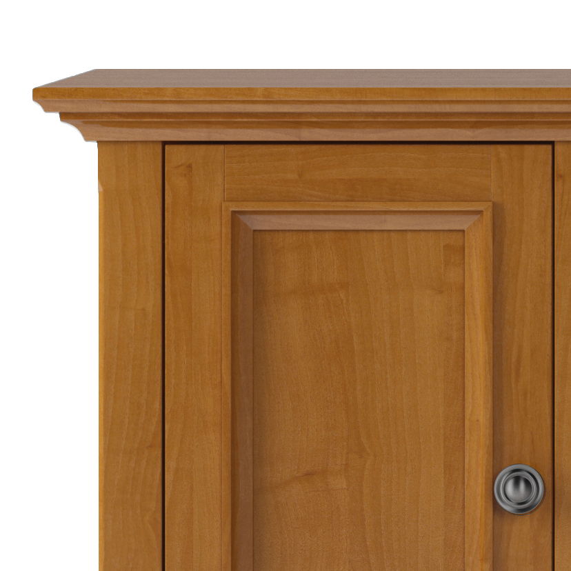 Handcrafted wide TV stand with paneled doors, round metal knob, warm wood finish, ample storage on Tampa Home & Garden Store