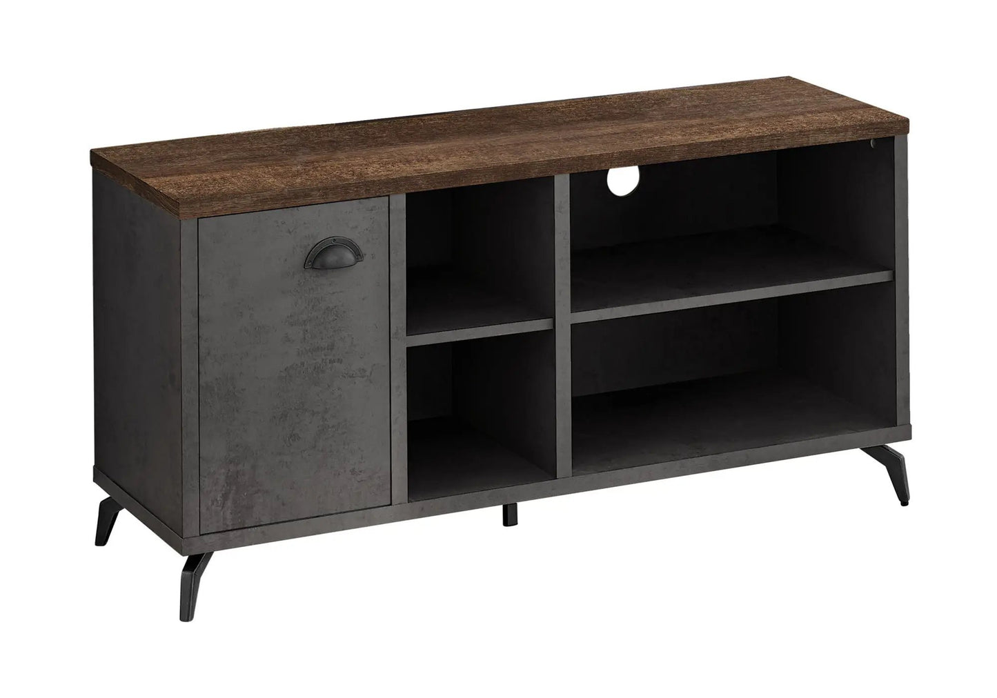 TV Stand by Unique Piece Furniture with brown wood top and gray concrete body, open cubbies on Tampa Home & Garden Store