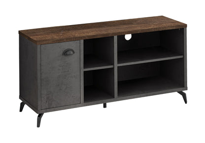 Contemporary TV stand with storage cabinet, dark gray frame, wood top, open shelves, cable hole on Tampa Home & Garden Store