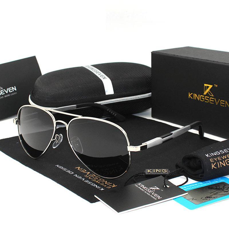 Aviator sunglasses with silver metal frame and gray lenses, KingSeven branding on case, on Tampa Home & Garden Store
