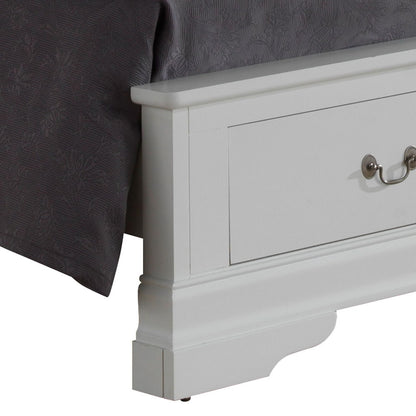 Upholstered panel sleigh bed with white finish and side storage drawer on Tampa Home & Garden Store