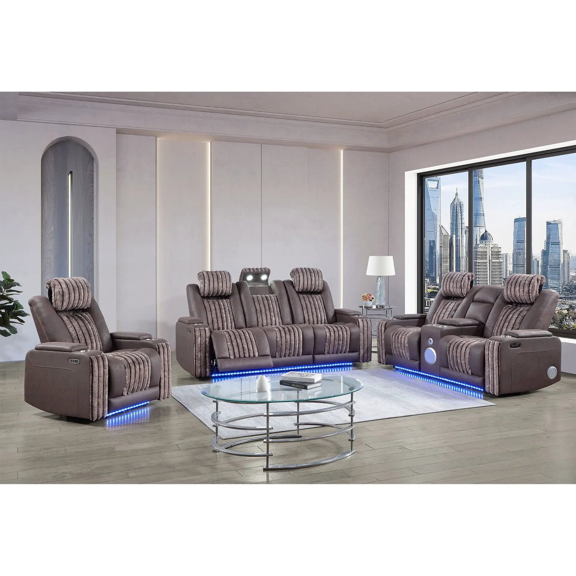 Duran power recliner with headrest in brown fabric; row of recliners in a modern living room on Tampa Home & Garden Store