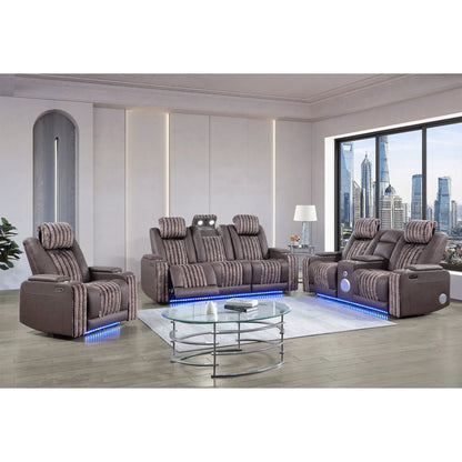 Duran power recliner with headrest in brown fabric; row of recliners in a modern living room on Tampa Home & Garden Store