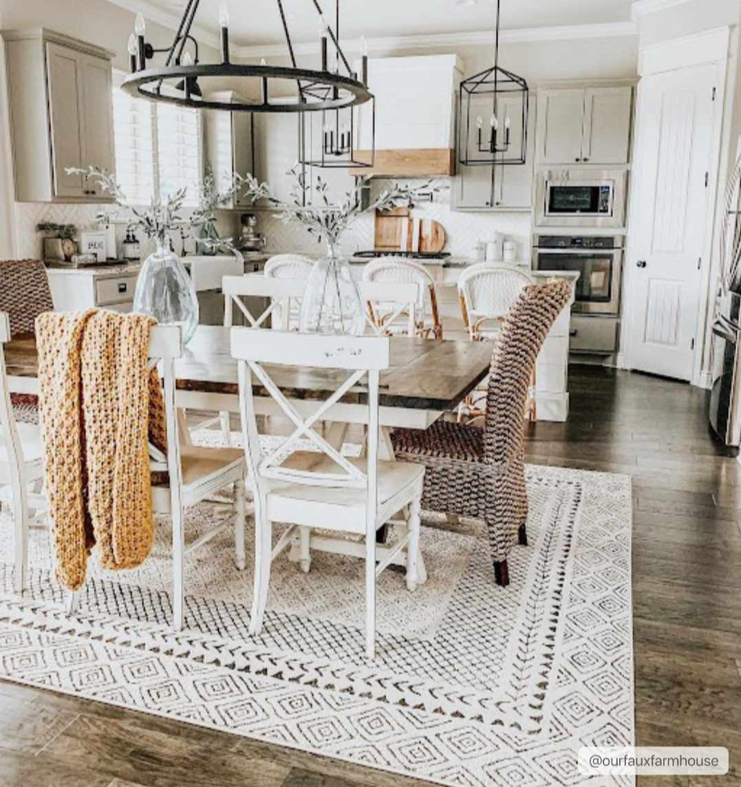Burdette Soft Neutral Rug Boutique Rugs with geometric diamond pattern under a white dining table on Tampa Home & Garden Store