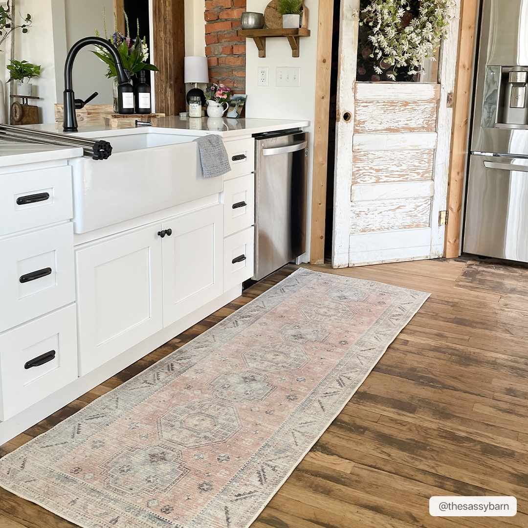 Morcott Peach Washable Area Rug in peach and gray geometric pattern for kitchen runner on Tampa Home & Garden Store