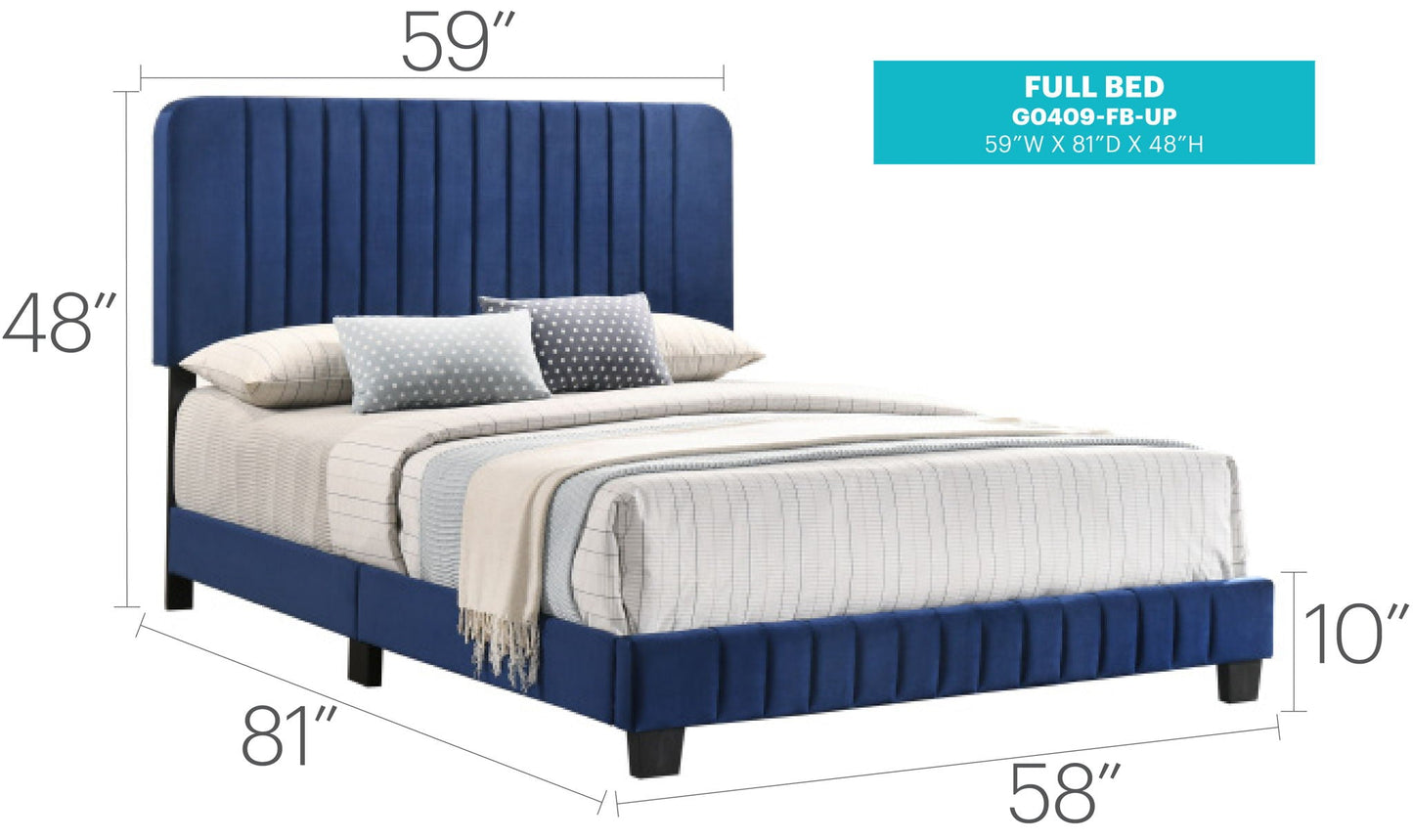 Channel Tufted Bed by HouseOfZazla, blue velvet upholstered full bed with vertical channel tufting on Tampa Home & Garden Store
