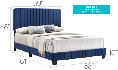 Channel Tufted Bed by HouseOfZazla, blue velvet upholstered full bed with vertical channel tufting on Tampa Home & Garden Store