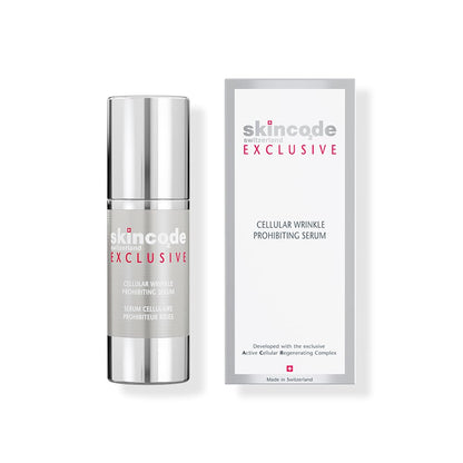 Anti-wrinkle serum bottle and box, silver chrome finish, Skincode Exclusive branding on Tampa Home & Garden Store