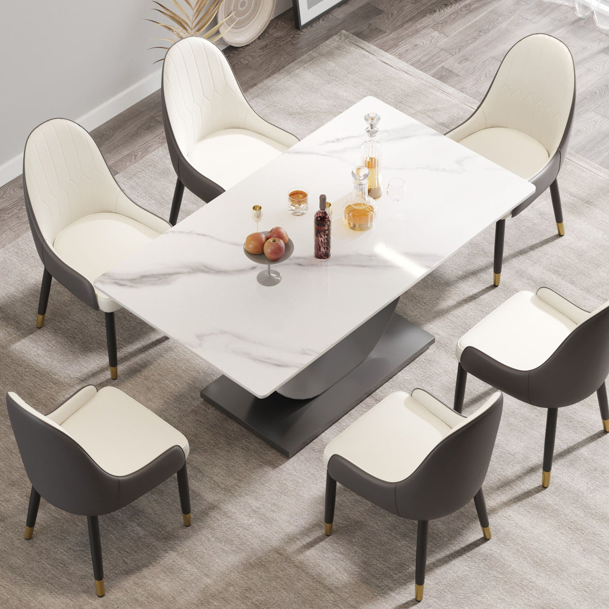 Dining table with white marble artificial stone top and crescent-shaped dark metal legs on Tampa Home & Garden Store