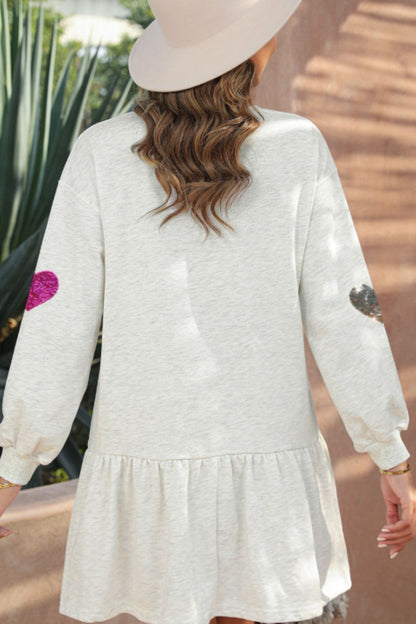 Cute Heart Round Neck Long Sleeve Mini Dress gray knit with pink heart patches on sleeves on Tampa Home & Garden Store