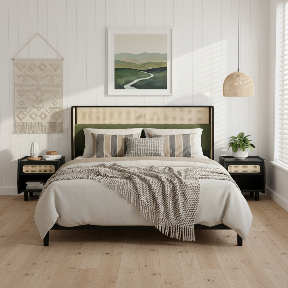 Queen size bed frame with plush green upholstered headboard and cane-inset panels on Tampa Home & Garden Store