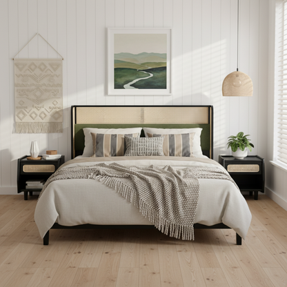 Queen size bed frame with plush green upholstered headboard and cane-inset panels on Tampa Home & Garden Store