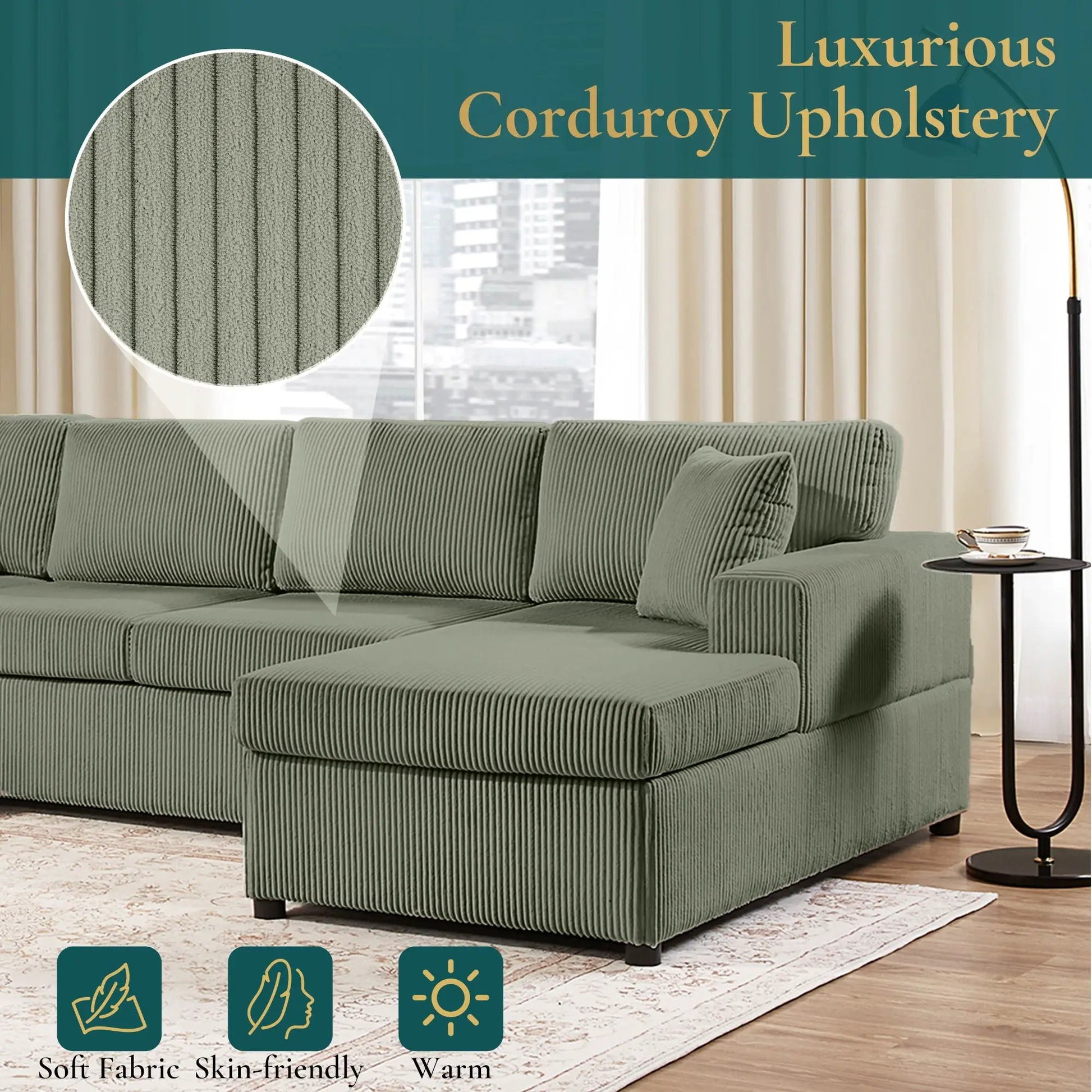 Oversized U-shaped corduroy sectional sofa with chaise in green and 3 pillows by Unique Piece on Tampa Home & Garden Store