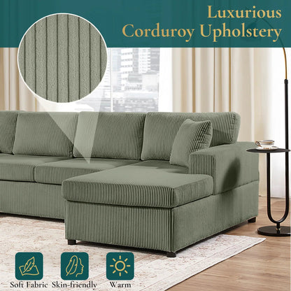 Oversized U-shaped corduroy sectional sofa with chaise in green and 3 pillows by Unique Piece on Tampa Home & Garden Store