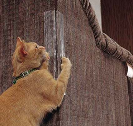 Pet Zen Cat Claw Protector Sofa Pads; orange tabby cat climbs a brown fabric sofa with clear pad on Tampa Home & Garden Store