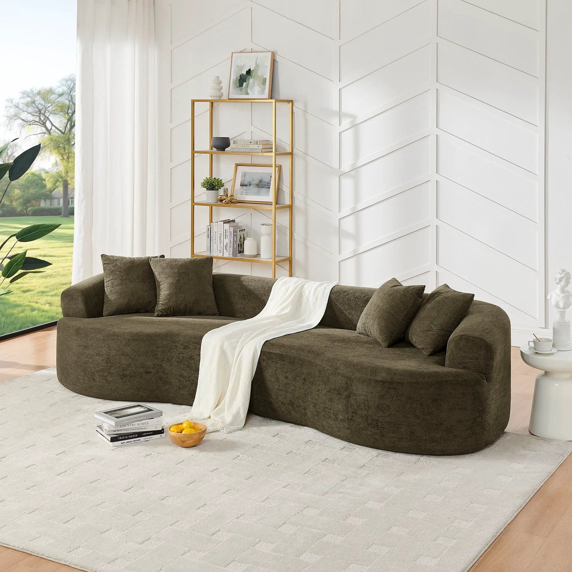 4 Seater Curved Cloud Sectional Sofa Unique Piece Furniture in dark brown fabric and white throw on Tampa Home & Garden Store