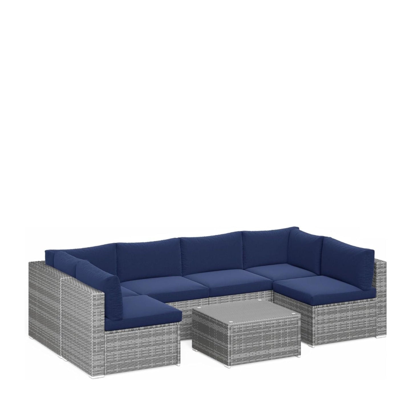 Modern Patio Set With Coffee Table outdoor sectional in blue cushions on gray wicker on Tampa Home & Garden Store