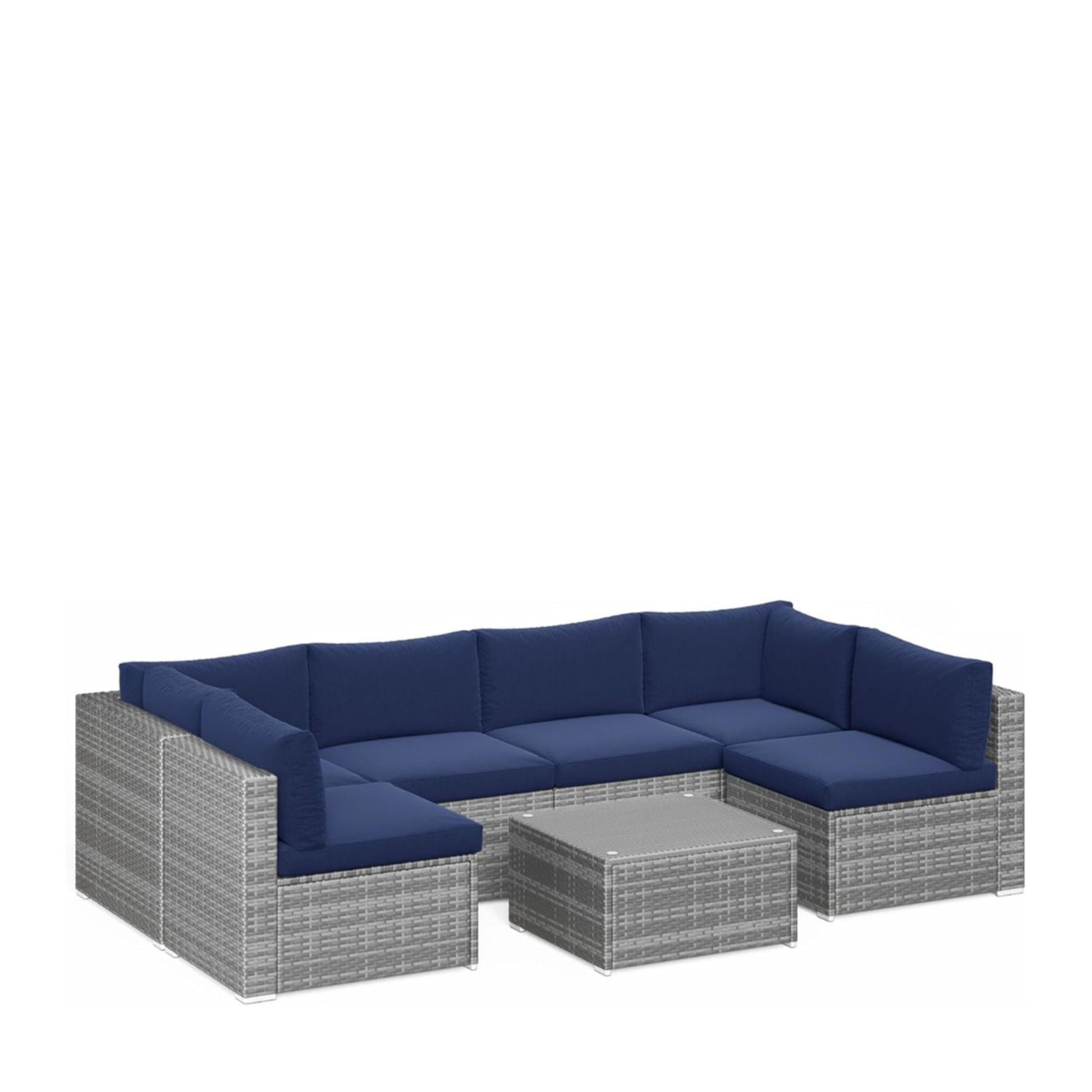 Modern Patio Set With Coffee Table outdoor sectional in blue cushions on gray wicker on Tampa Home & Garden Store