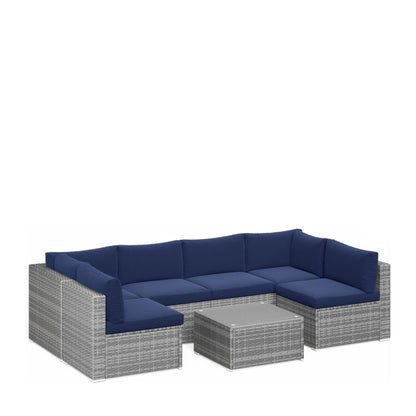 Modern Patio Set With Coffee Table outdoor sectional in blue cushions on gray wicker on Tampa Home & Garden Store