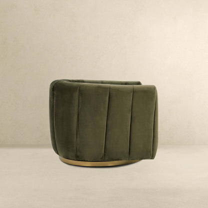 Cosey Green Velvet Swivel Chair with plush green upholstery and a round brass base on Tampa Home & Garden Store