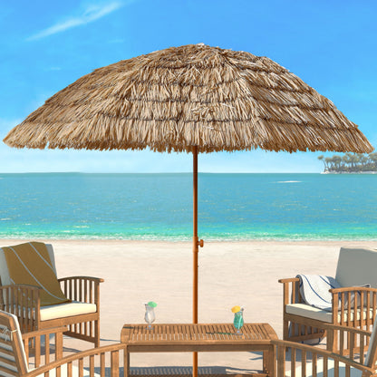 8' Thatched Patio Tiki Umbrella Tropical Palapa by HouseOfZazla with natural thatch canopy on a sandy beach on Tampa Home & Garden Store