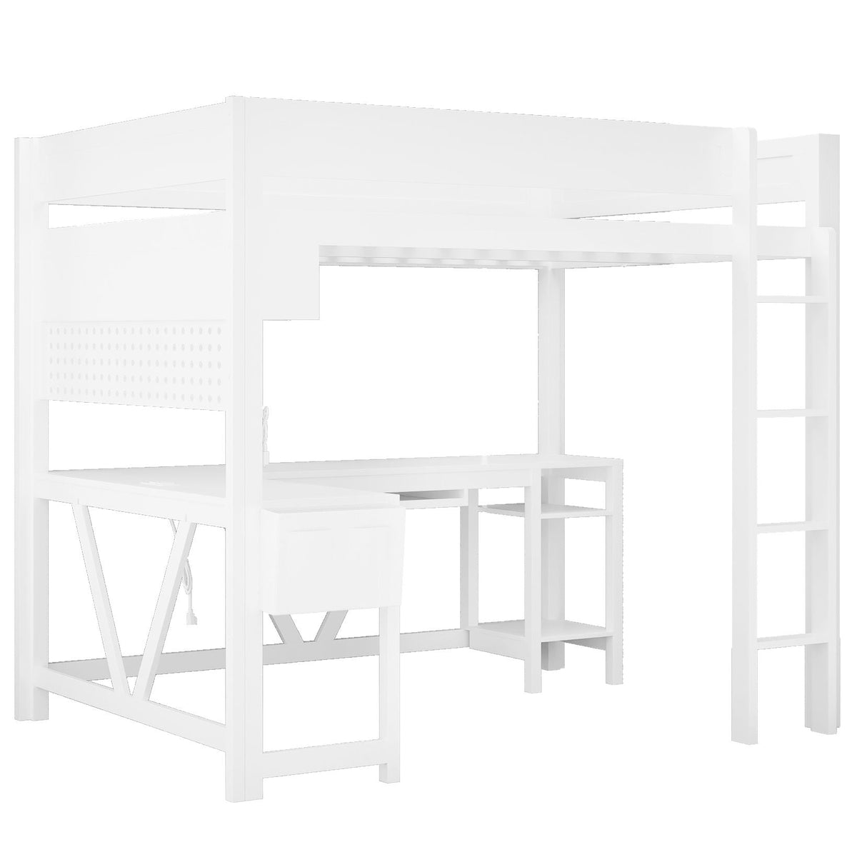White gaming loft bed with desk, built-in storage shelves and side ladder on Tampa Home & Garden Store