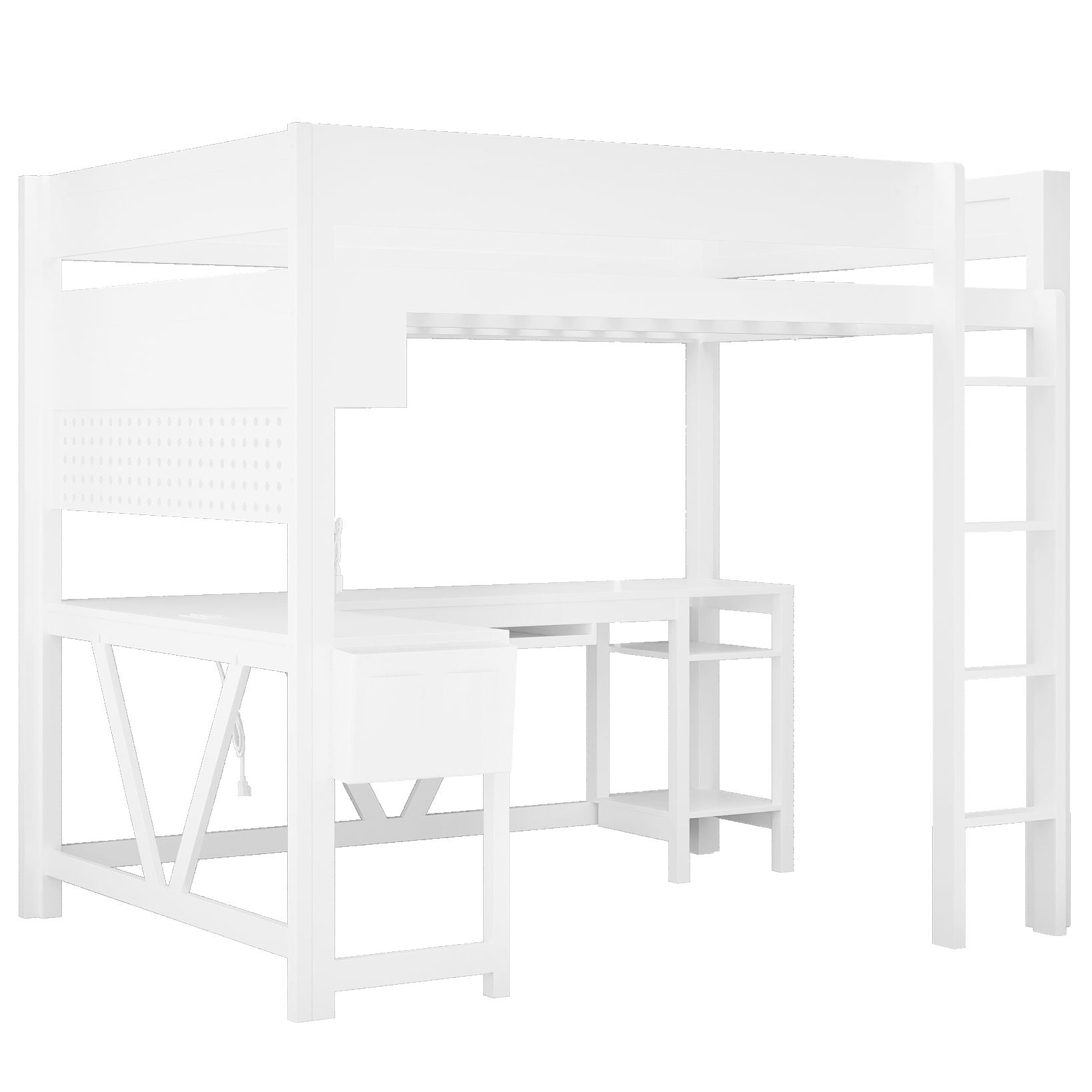 White gaming loft bed with desk, built-in storage shelves and side ladder on Tampa Home & Garden Store