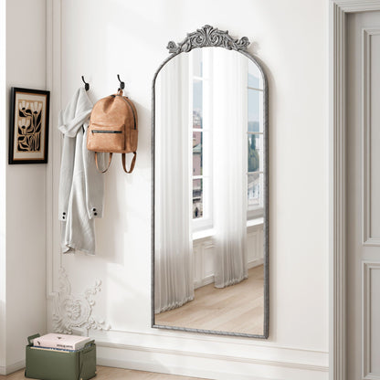 Vintage arched full-length mirror with carved applique pearl silver finish; textured rope frame on Tampa Home & Garden Store