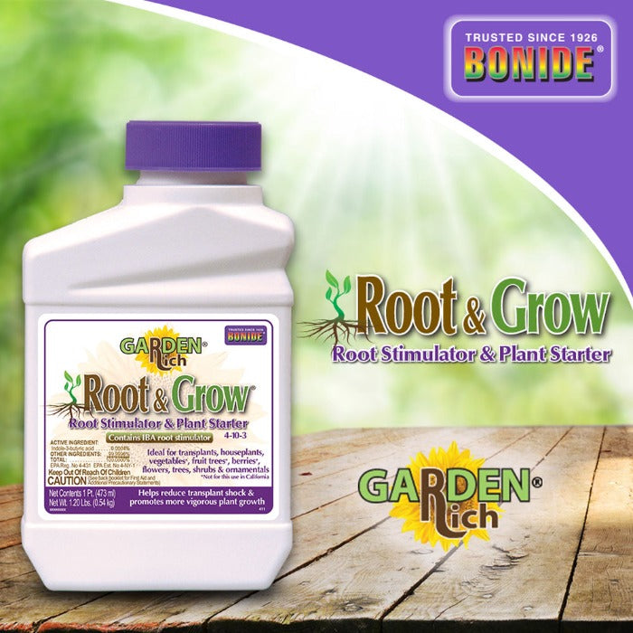 Bonide Root & Grow Concentrate 4-10-3 fertilizer bottle with purple cap and Root & Grow label on Tampa Home & Garden Store