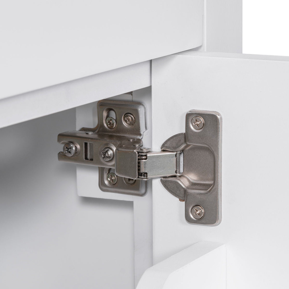 Modern bathroom vanity white cabinet hinge close-up with metal hardware HouseOfZazla on Tampa Home & Garden Store
