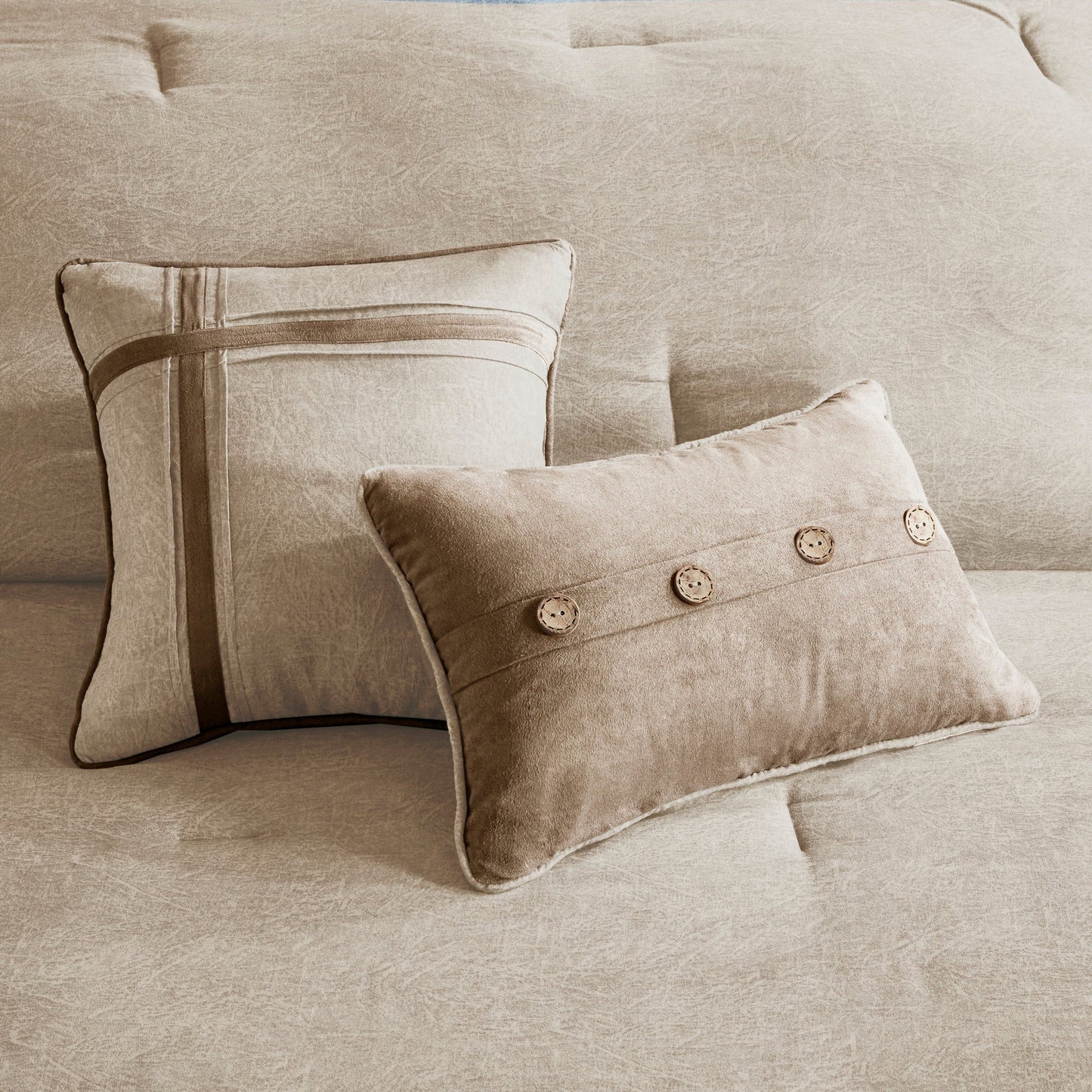 HouseOfZazla 7 Piece Faux Suede Comforter Set Tan King on plush sofa with decorative pillows on Tampa Home & Garden Store