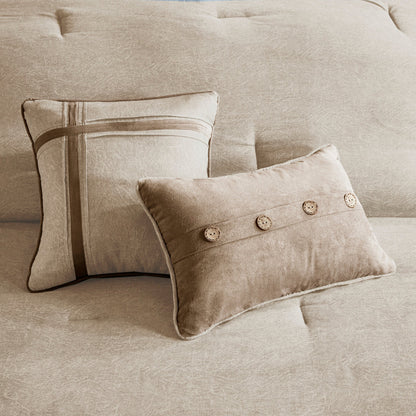HouseOfZazla 7 Piece Faux Suede Comforter Set Tan King on plush sofa with decorative pillows on Tampa Home & Garden Store