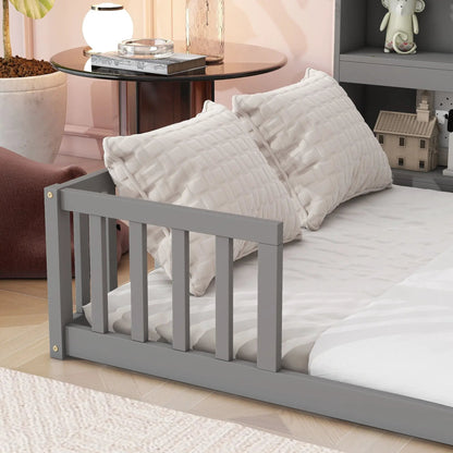 Floor Bed With Side Bookcase and Guard Rails