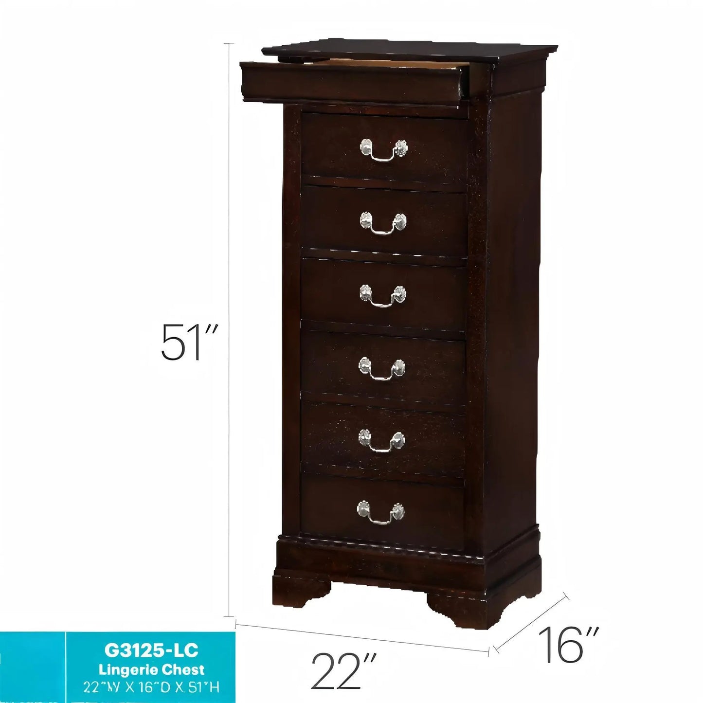 Traditional style lingerie chest in dark wood with silver pulls by Unique Piece Furniture on Tampa Home & Garden Store