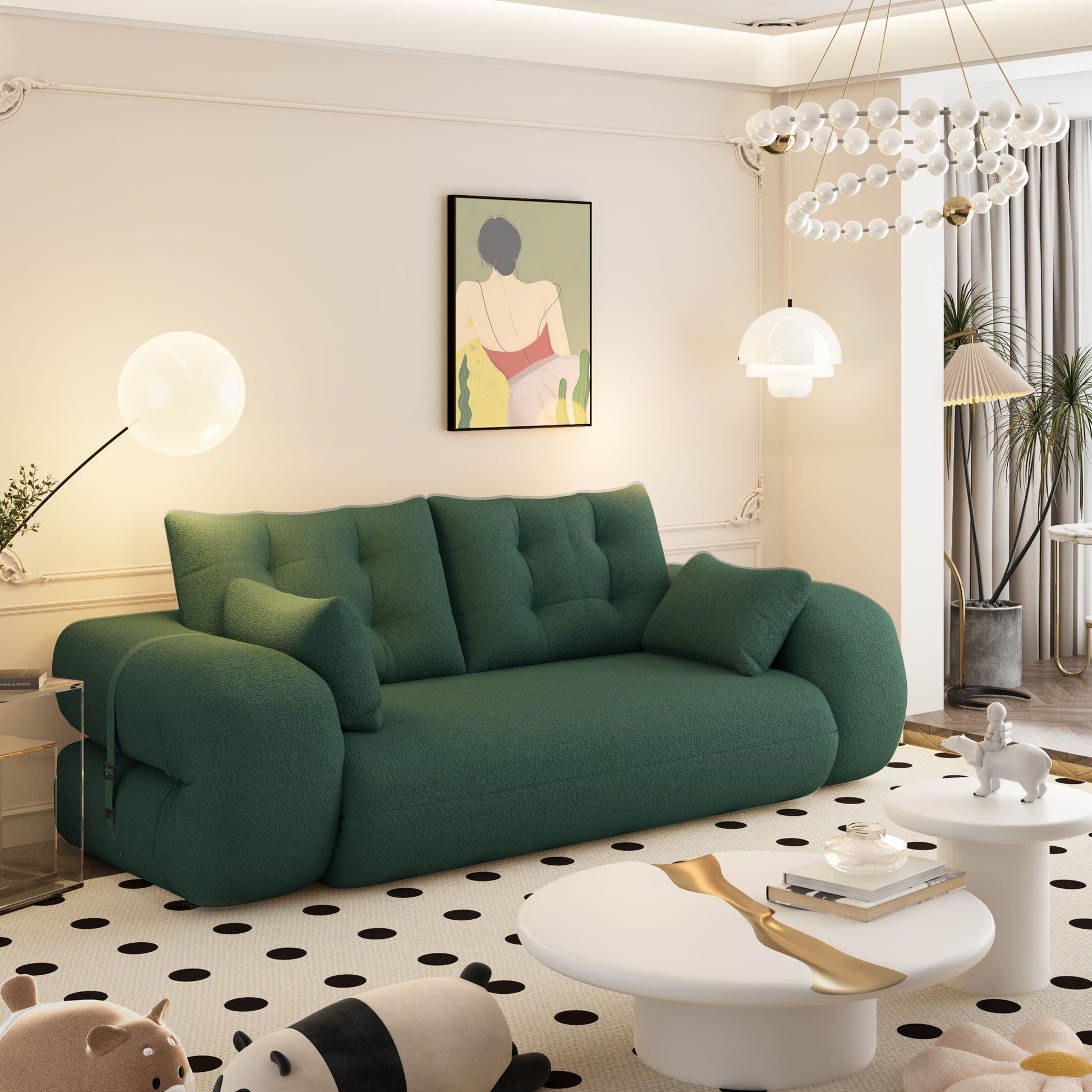 HouseOfZazla floor sofa in emerald green for a cozy living room with a polka dot rug on Tampa Home & Garden Store
