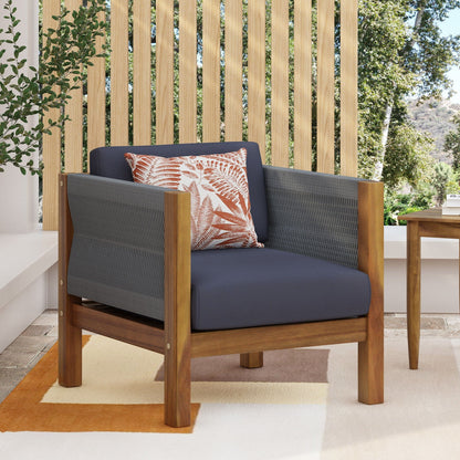 Outdoor Club Chair with Rattan Rope Wave in dark gray cushions and wood frame HouseOfZazla on Tampa Home & Garden Store