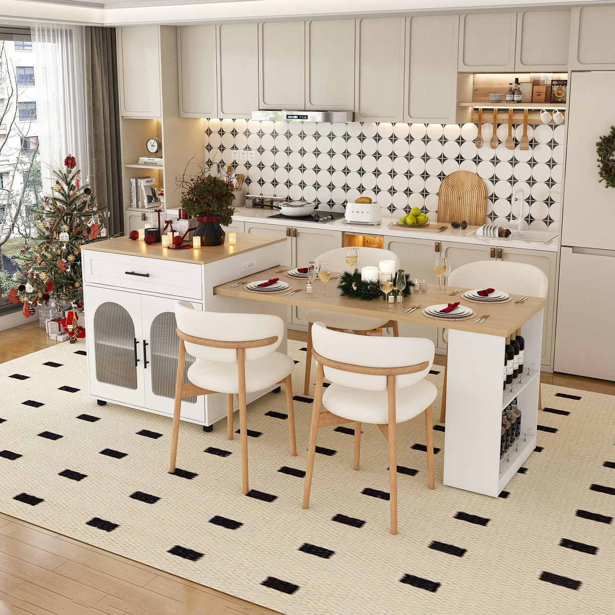 Expandable Kitchen Island With Power Outlet by HouseOfZazla, white base, wood top, seating on Tampa Home & Garden Store
