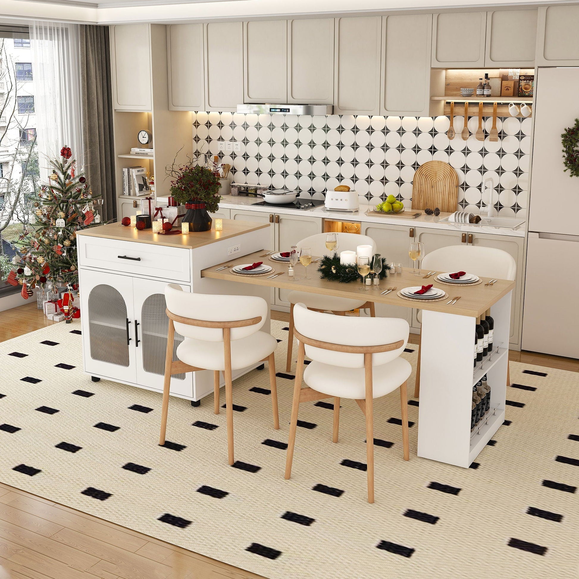 Expandable Kitchen Island With Power Outlet by HouseOfZazla, white base, wood top, seating on Tampa Home & Garden Store