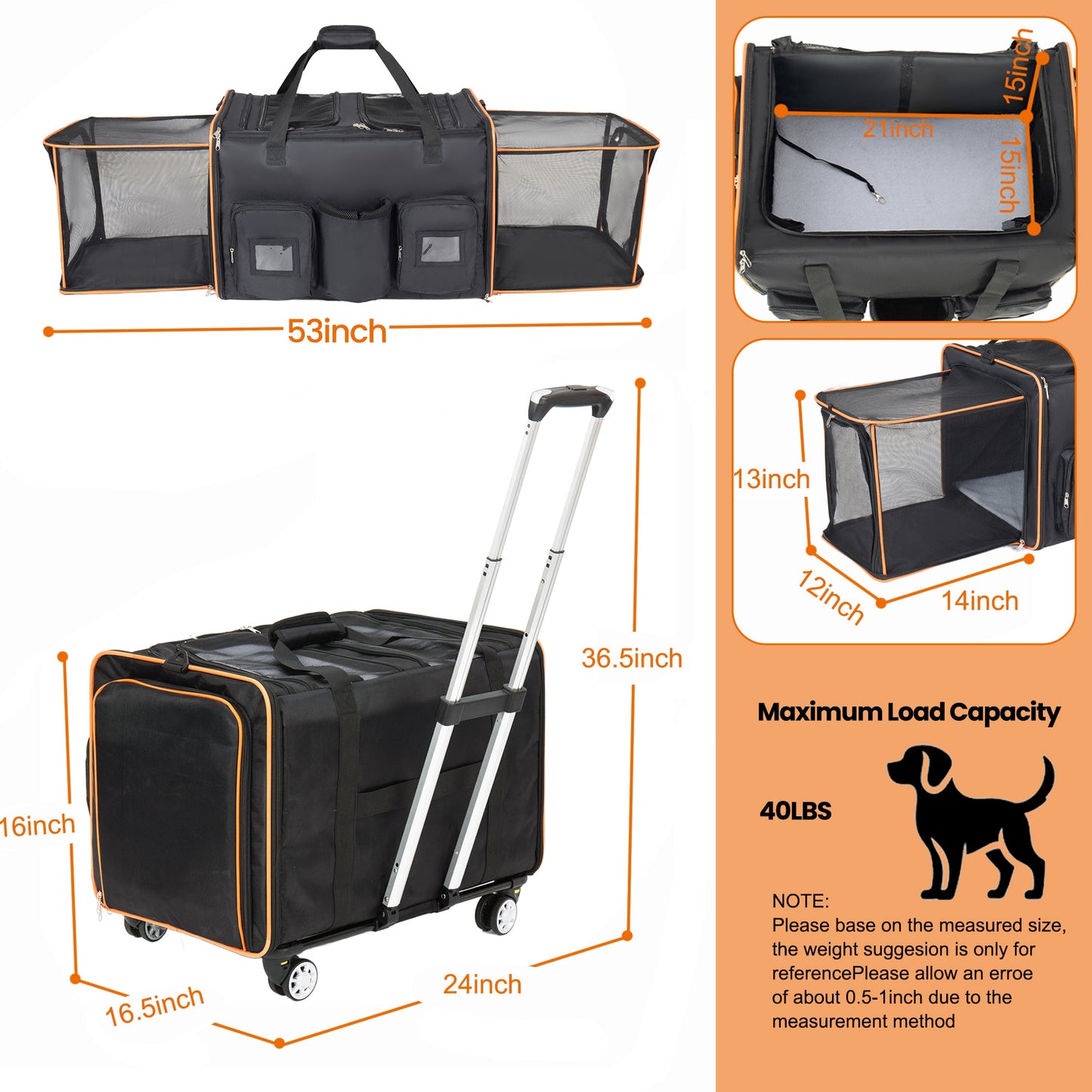 HouseOfZazla Cat Carrier for 2 Cats with Rolling Wheels expandable design black orange trim on Tampa Home & Garden Store