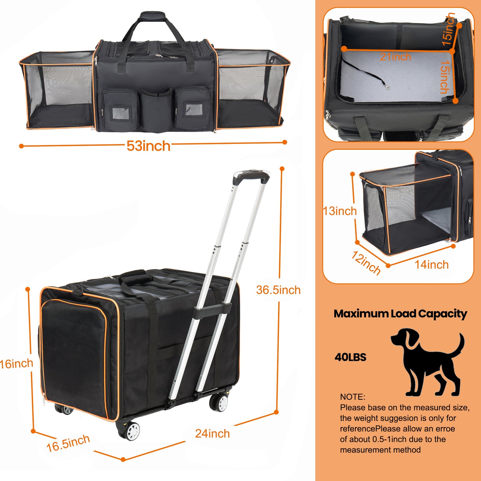 HouseOfZazla Cat Carrier for 2 Cats with Rolling Wheels expandable design black orange trim on Tampa Home & Garden Store