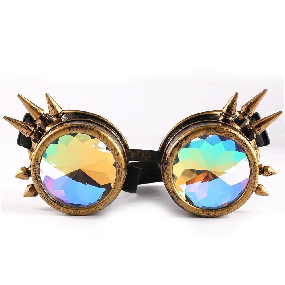 Brass-tone steampunk goggles with iridescent prism lenses and spiked accents on a black strap on Tampa Home & Garden Store