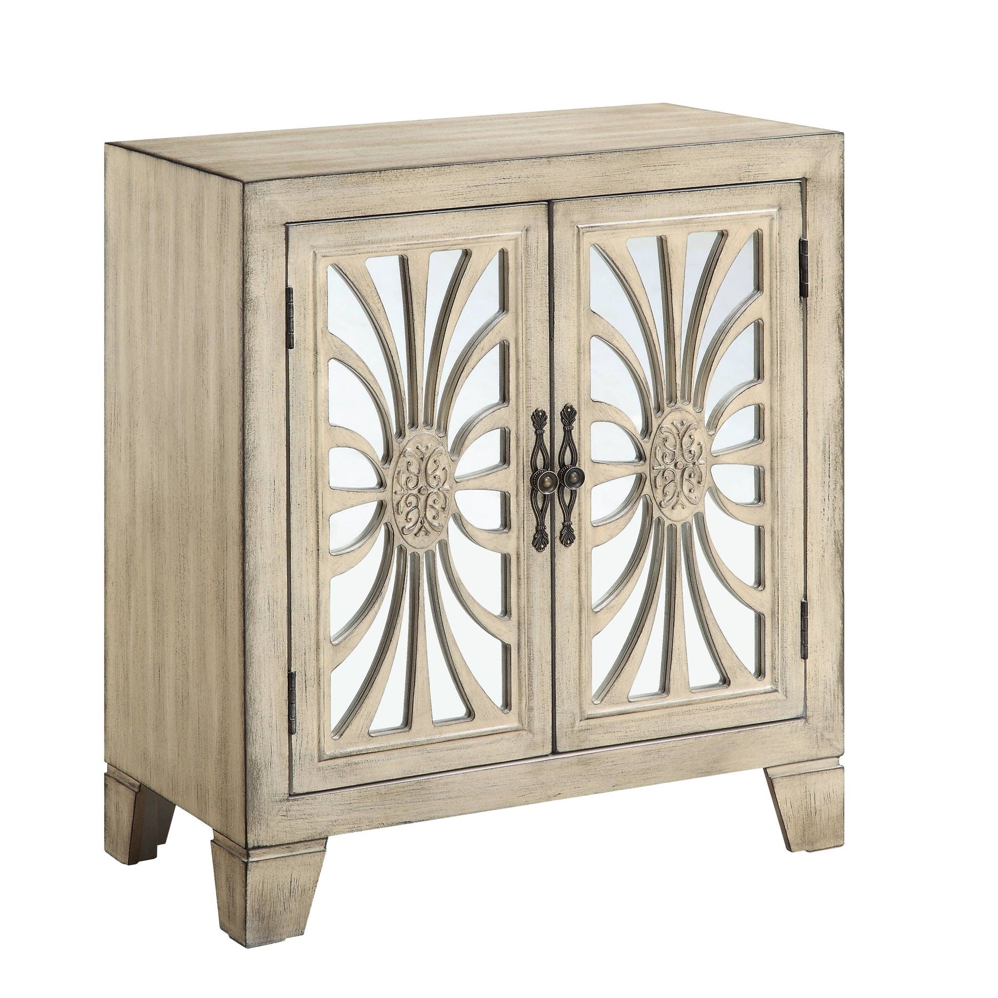 Nalani Console Cabinet antique white with mirrored arch panel doors on Tampa Home & Garden Store