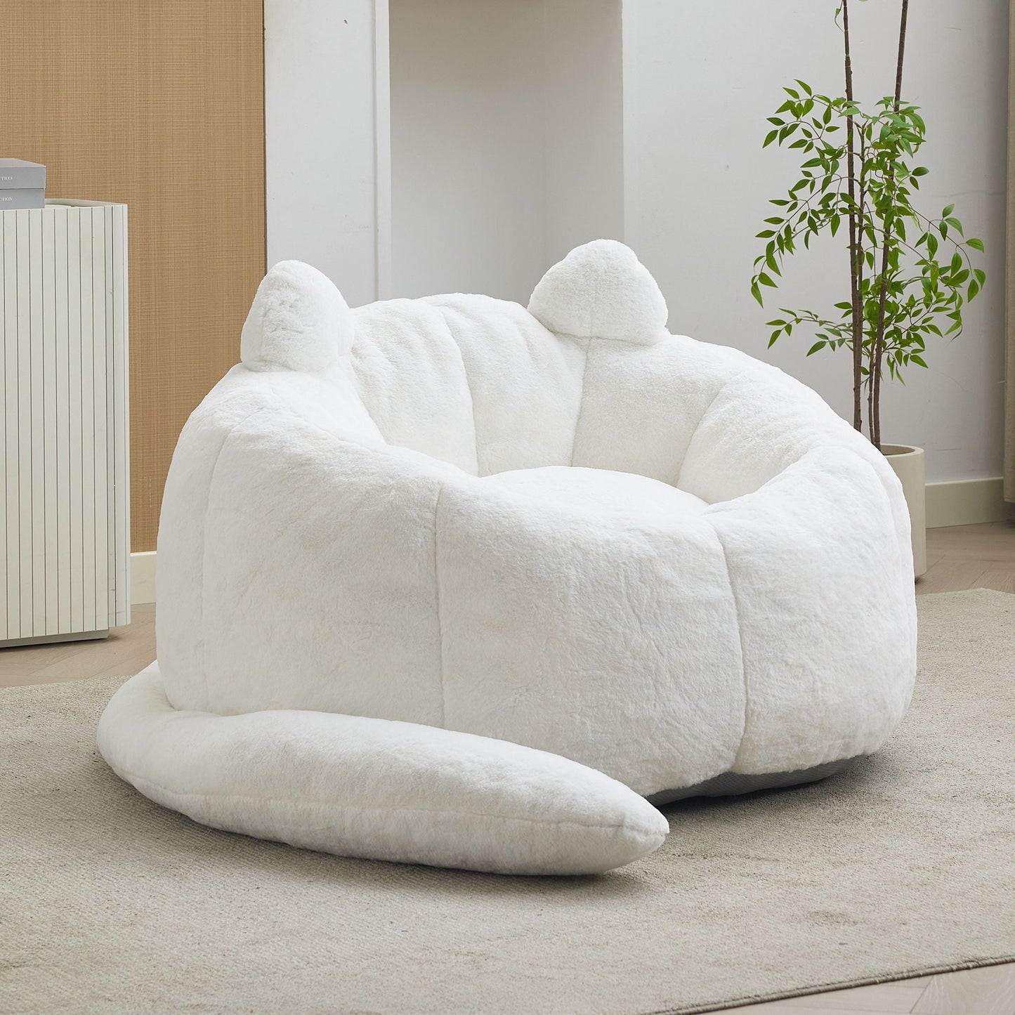 Cat Shaped Bean Bag Sofa With Long Tail by HouseOfZazla, plush white fabric on Tampa Home & Garden Store