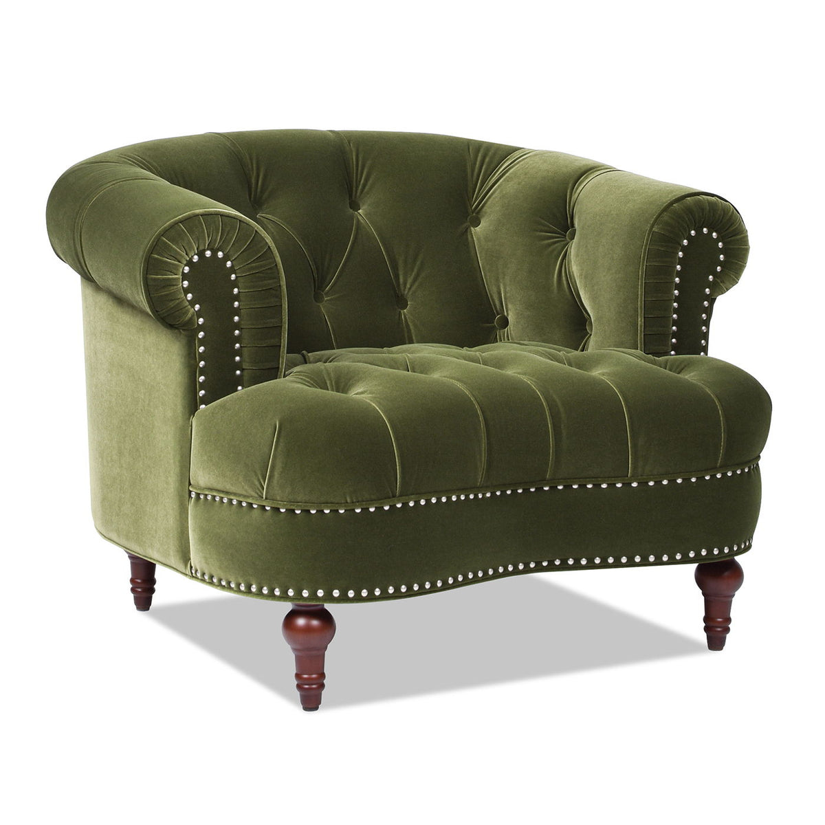 Victorian tufted velvet accent chair by HouseOfZazla in dark green with nailhead trim on Tampa Home & Garden Store