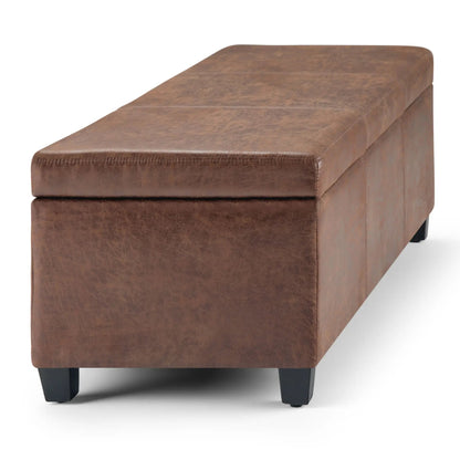 Avalon storage ottoman bench in brown leatherette with black angled legs on Tampa Home & Garden Store