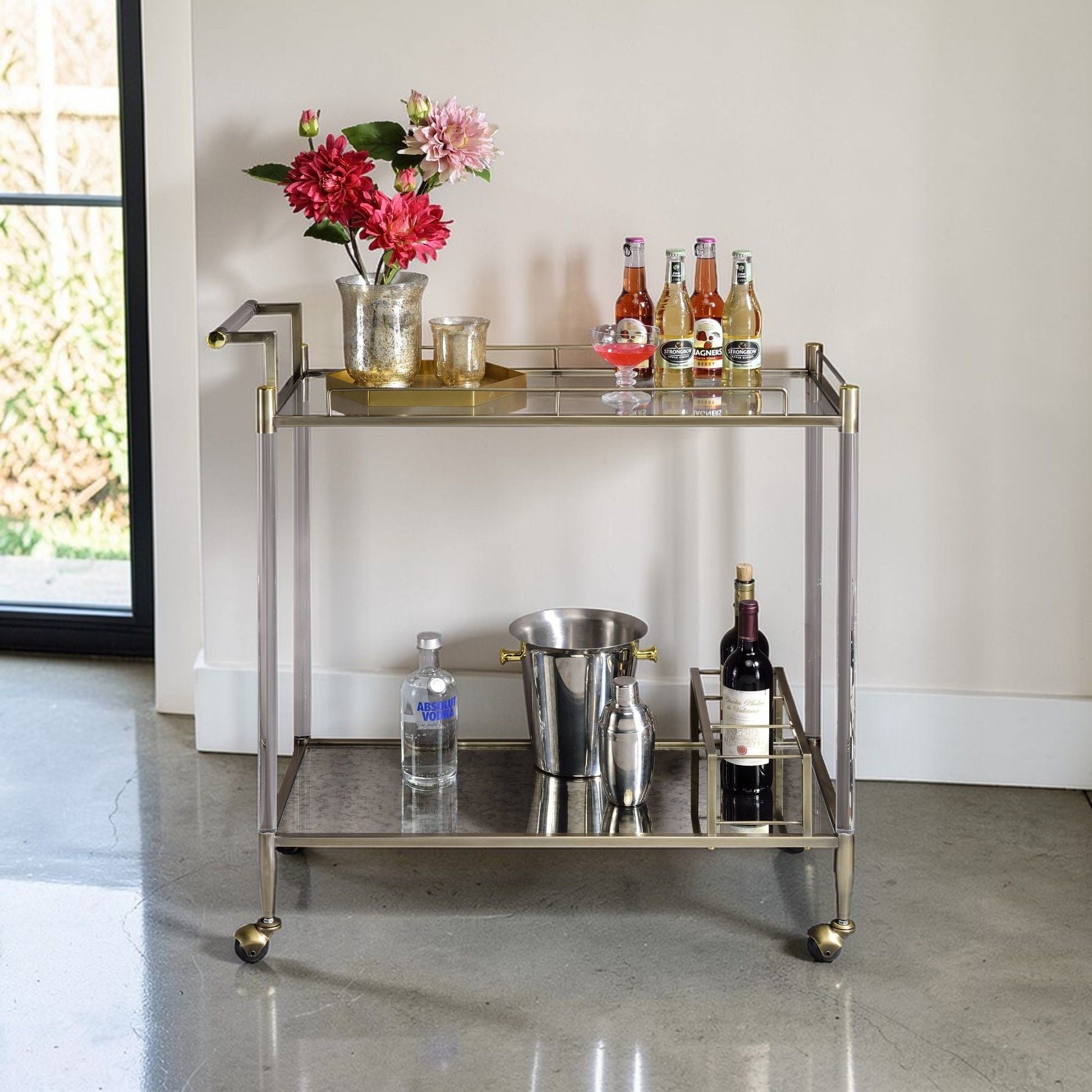 Cirro antique mirror wire brass serving cart two-tier with glass shelves by HouseOfZazla on Tampa Home & Garden Store